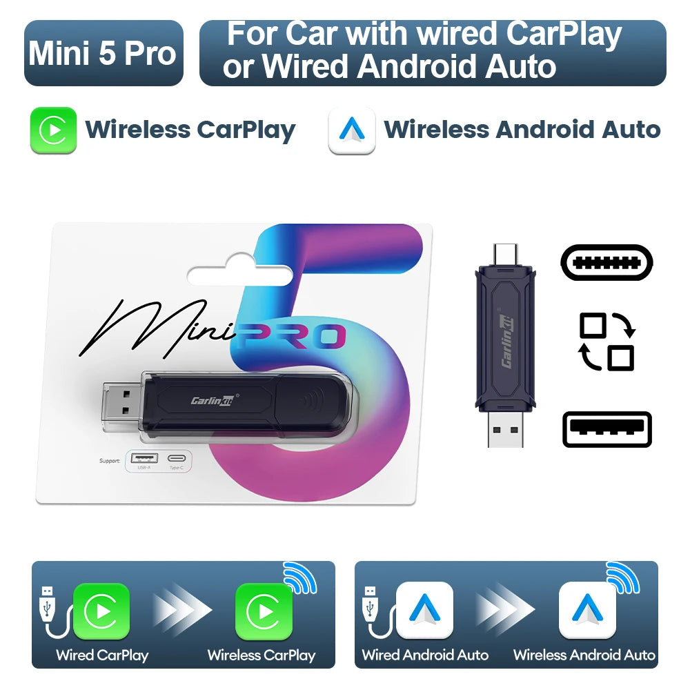 New Mini 5 SE Wireless Carplay Adapter for Iphone 5.8Ghz Wifi BT Fast Stable Connect for Spotify Waze Split Screen Box