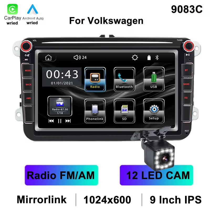 for Volkswagen 9" IPS Car MP5 Player AUX FM AM Mirrorlink Car Radio USB BT Wired Carplay Android Auto Vehicle Player 9083C