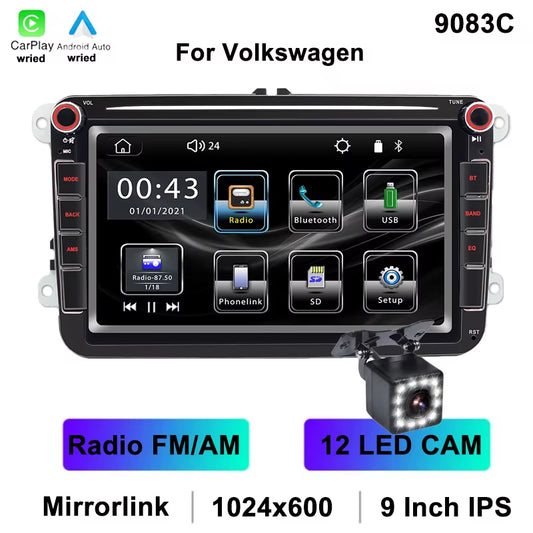 for Volkswagen 9" IPS Car MP5 Player AUX FM AM Mirrorlink Car Radio USB BT Wired Carplay Android Auto Vehicle Player 9083C