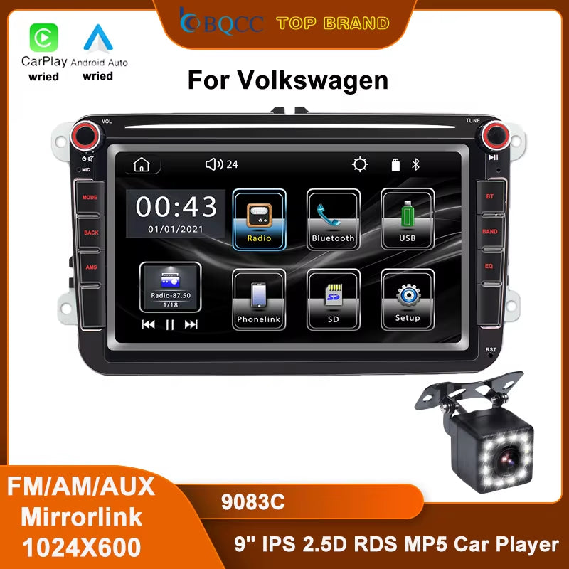 for Volkswagen 9" IPS Car MP5 Player AUX FM AM Mirrorlink Car Radio USB BT Wired Carplay Android Auto Vehicle Player 9083C