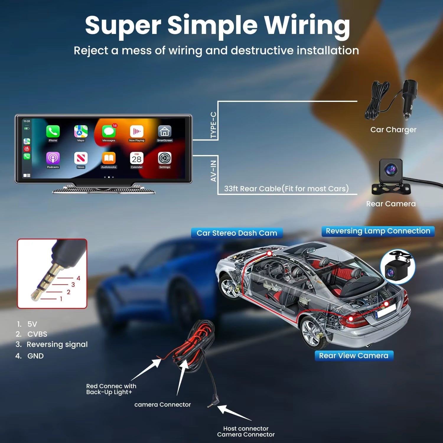 10.26'' Car Monitor Dash Cam 4K Car Mirror Video Player Wireless Carplay Android Auto GPS Multimedia Rearview Camera Dashboard