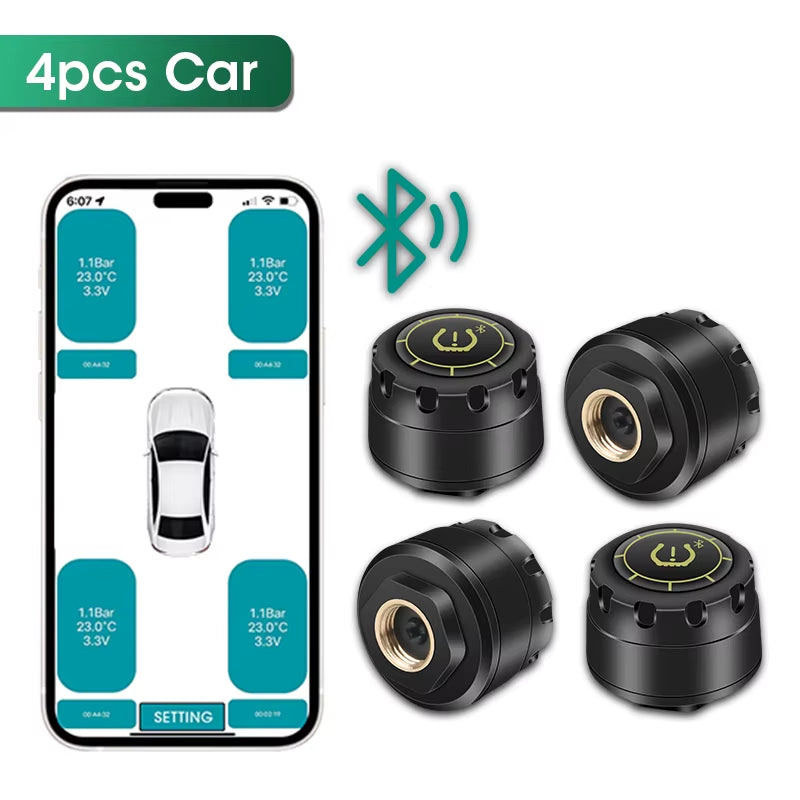 Car TPMS Tire Pressure Monitoring System Bluetooth 5.0 Mobile Phone Display Motorcycle Car Tyre Pressure Sensor for Los Android