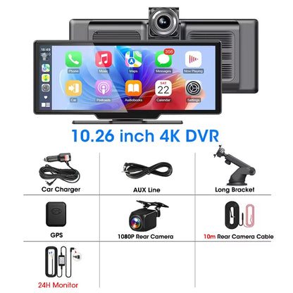 10.26'' Car Monitor Dash Cam 4K Car Mirror Video Player Wireless Carplay Android Auto GPS Multimedia Rearview Camera Dashboard