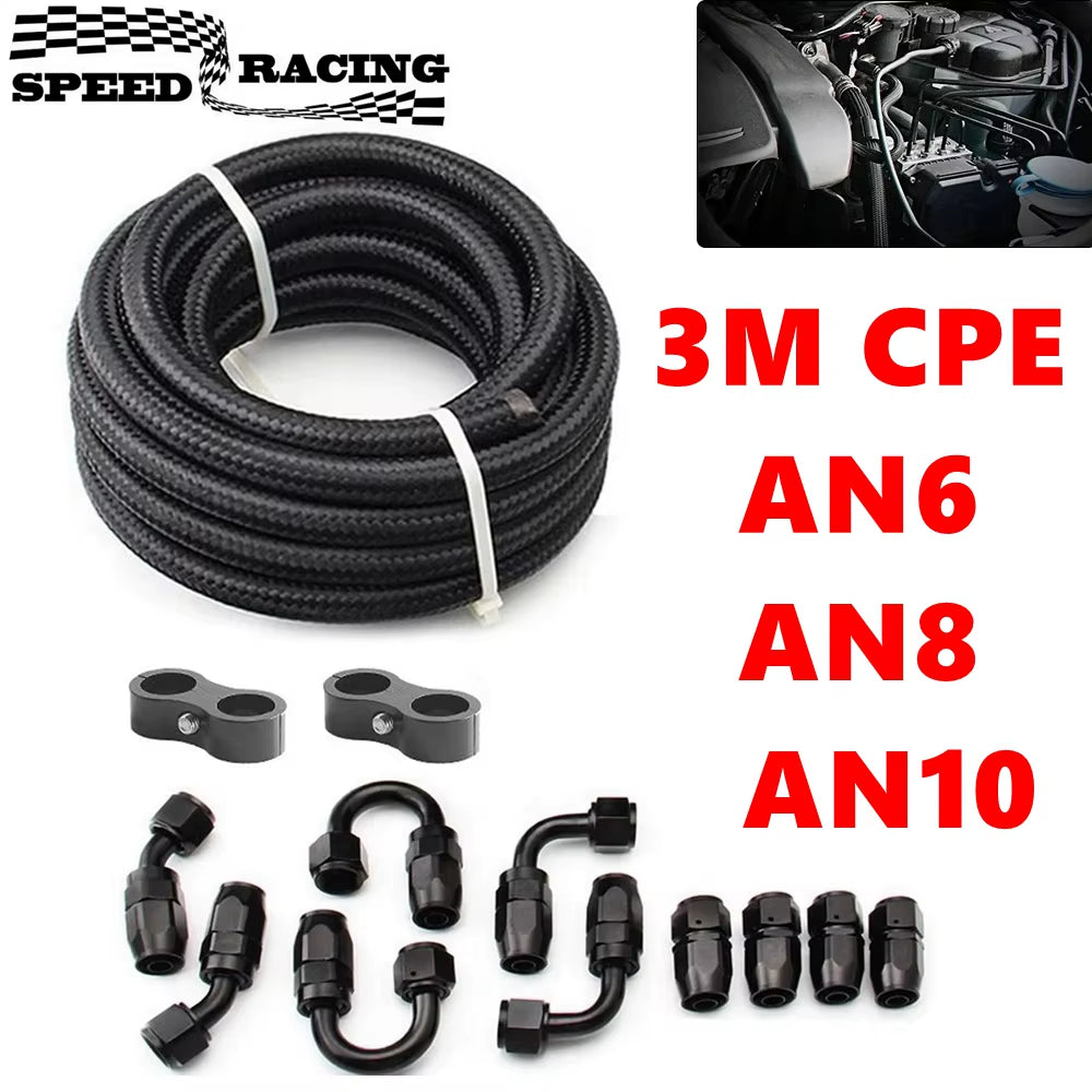 3M AN6/AN8/AN10 CPE Oil Fuel Fittings Hose End 0+45+90+180 Degree Oil Adaptor Kit AN6 Braided Oil Fuel Hose Line with Clamps