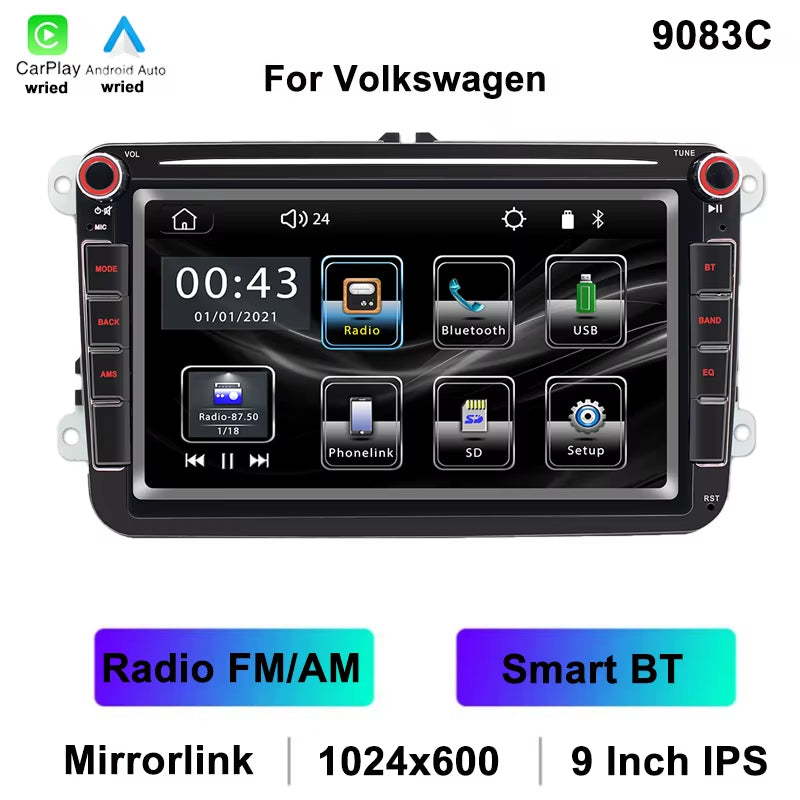 for Volkswagen 9" IPS Car MP5 Player AUX FM AM Mirrorlink Car Radio USB BT Wired Carplay Android Auto Vehicle Player 9083C
