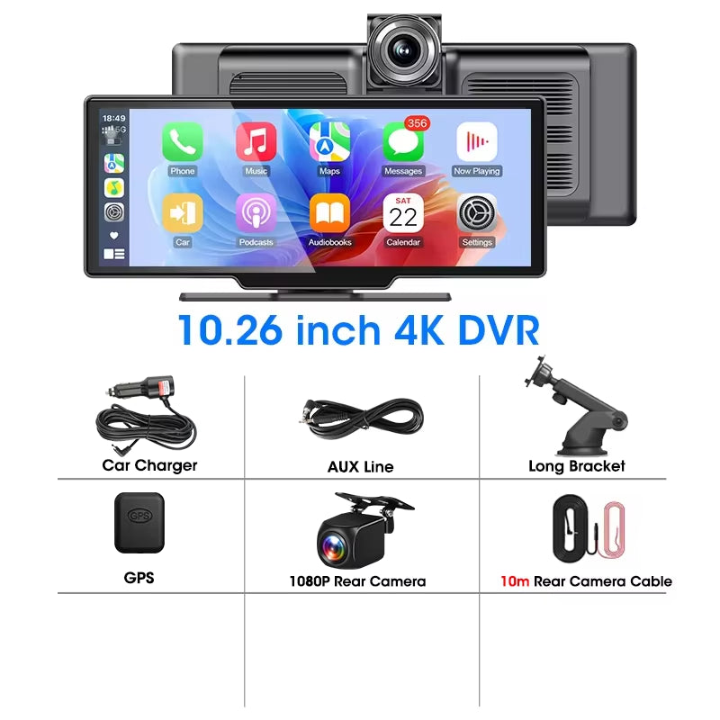 10.26'' Car Monitor Dash Cam 4K Car Mirror Video Player Wireless Carplay Android Auto GPS Multimedia Rearview Camera Dashboard