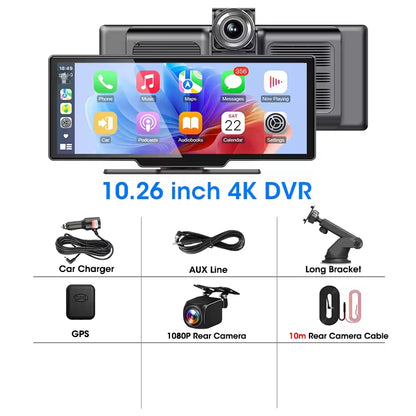 10.26'' Car Monitor Dash Cam 4K Car Mirror Video Player Wireless Carplay Android Auto GPS Multimedia Rearview Camera Dashboard