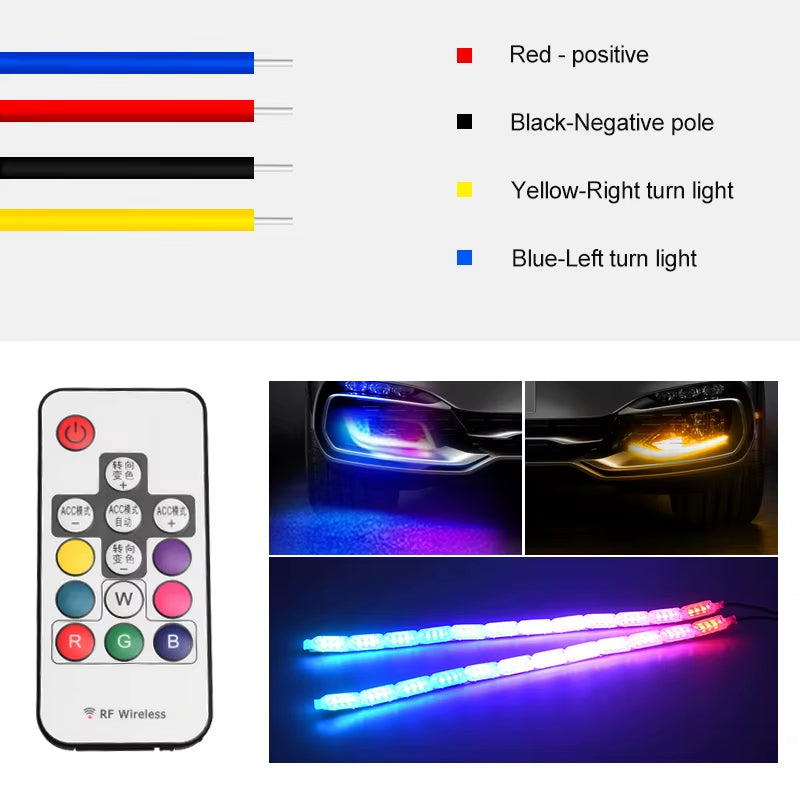 2Pcs RGB DRL LED Daytime Running Driving Light Strip Remote Control Flexible Waterproof Headlight Turn Signal Yellow Lamp 12V