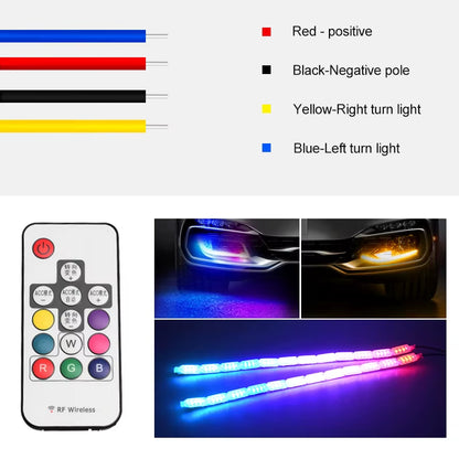 2Pcs RGB DRL LED Daytime Running Driving Light Strip Remote Control Flexible Waterproof Headlight Turn Signal Yellow Lamp 12V