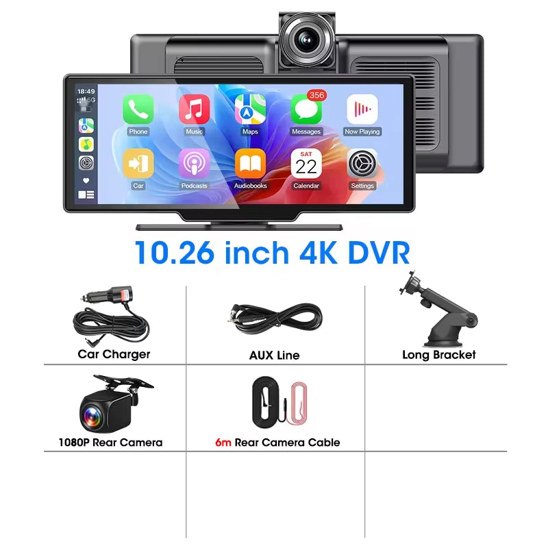 10.26'' Car Monitor Dash Cam 4K Car Mirror Video Player Wireless Carplay Android Auto GPS Multimedia Rearview Camera Dashboard